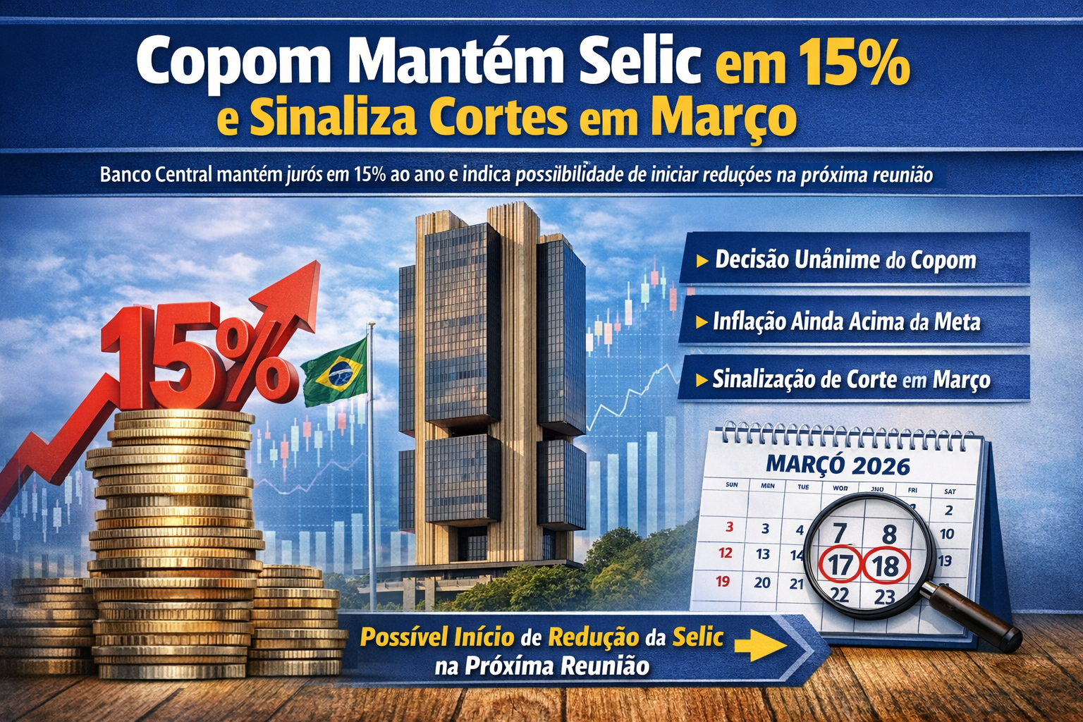 Copom Mantém Selic em 15% e Sinaliza Possível Início de Cortes em Março